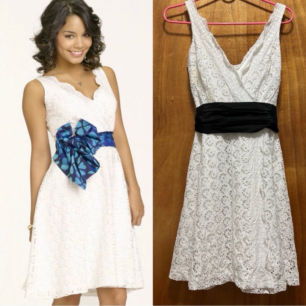 Y2K Arden B white silk eyelet lace mini dress with black sash